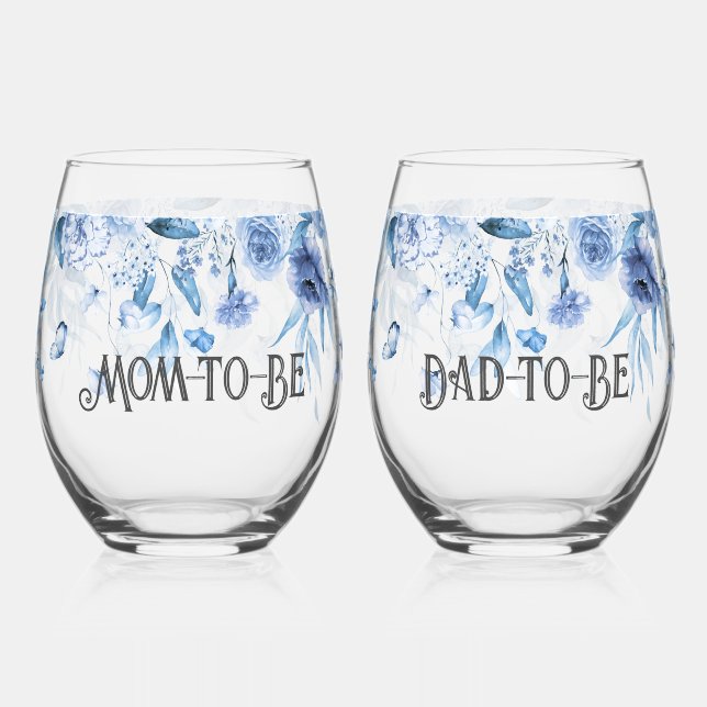Charming Baby Blue Floral Drop l Mum & Dad-to-Be Stemless Wine Glass (Front)