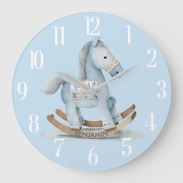 Charming Baby Boy Blue Rocking Horse Name Large Clock (Front)