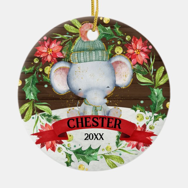 Charming Baby Elephant Watercolor Kids Christmas Ceramic Ornament (Front)