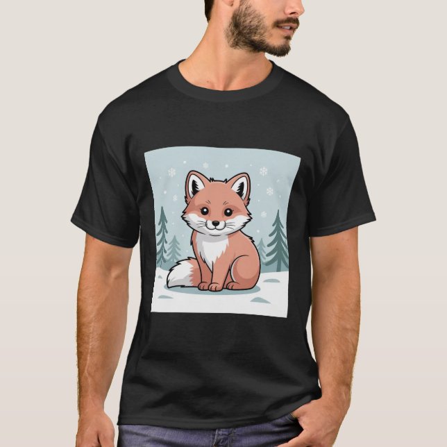 Charming Baby Fox in Winter Forest - Cute Cartoon  T-Shirt (Front)