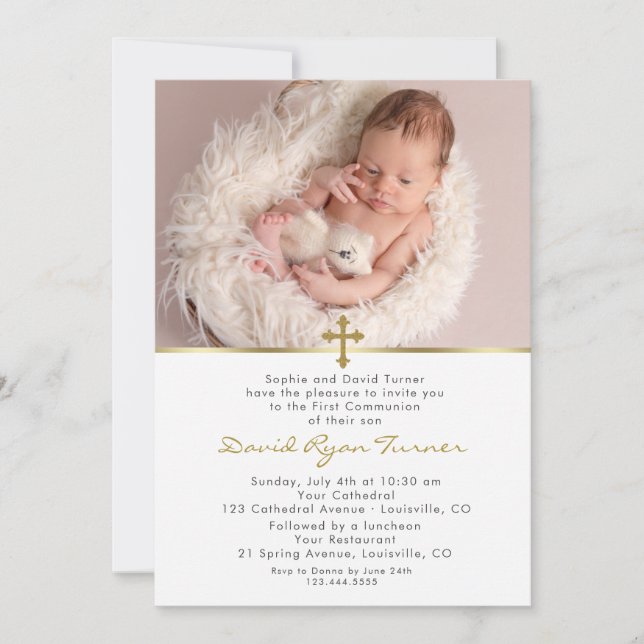 Charming Baby Photo Gold Cross Holy Communion Invitation (Front)