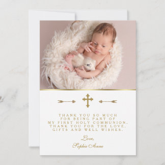 Charming Baby Photo Gold Cross Holy Communion Thank You Card