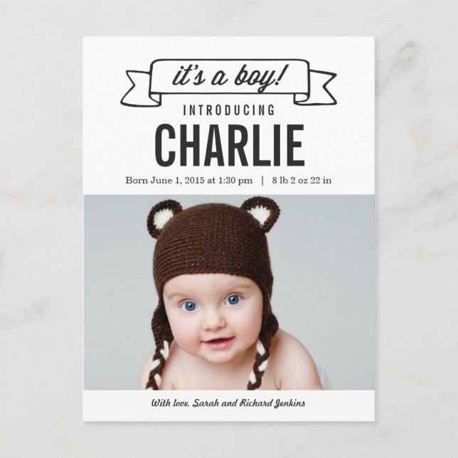 Charming Banner Birth Announcement - Baby Boy Postcard (Front)