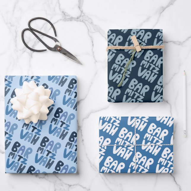 Charming Bar Mitzvah Handlettering Jewish Blue Fun Wrapping Paper Sheet (Front)