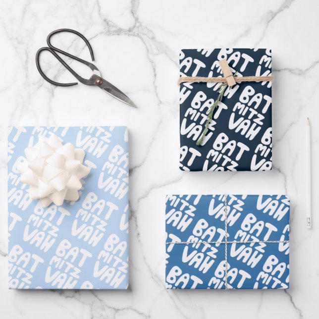 Charming Bat Mitzvah Handlettering Jewish Blue Fun Wrapping Paper Sheet (Front)