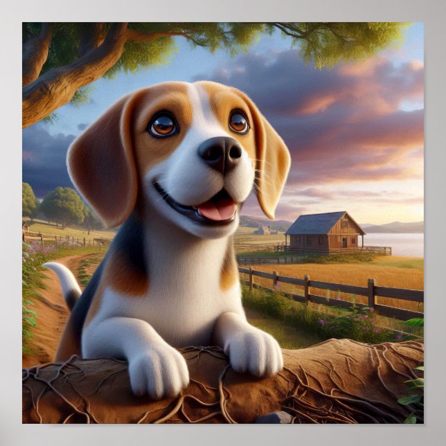 Charming Beagle in a Rustic Countryside Scene Poster (Front)