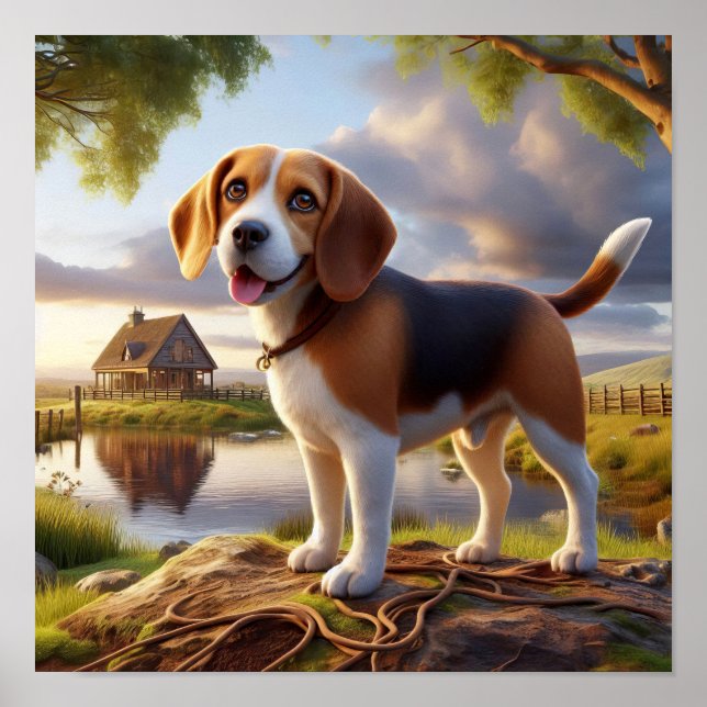 Charming Beagle in a Rustic Countryside Scene Poster (Front)