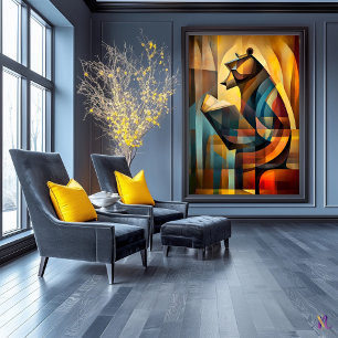 Charming Bear – Cubist Reader in Deep Thought Poster