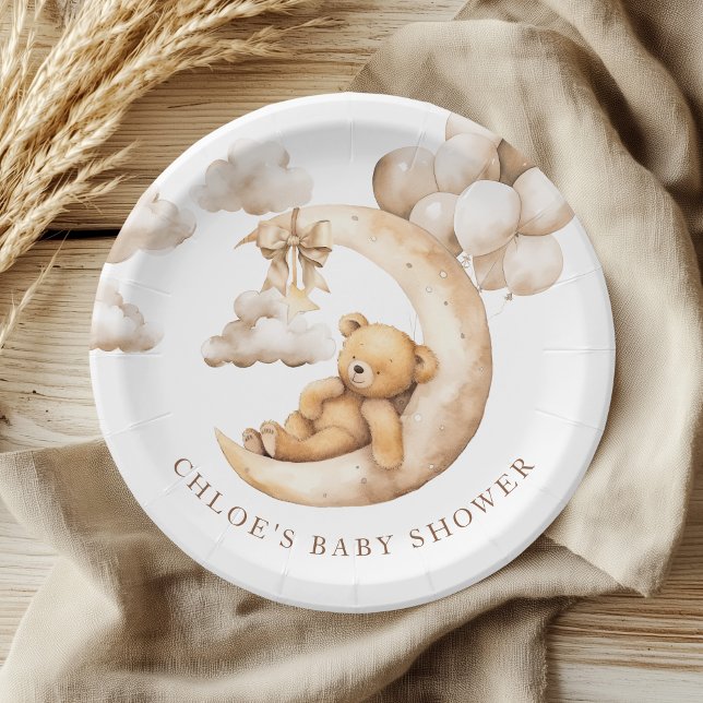 Charming Bear Over the Moon Baby Shower Neutral Paper Plate (Creator Uploaded)