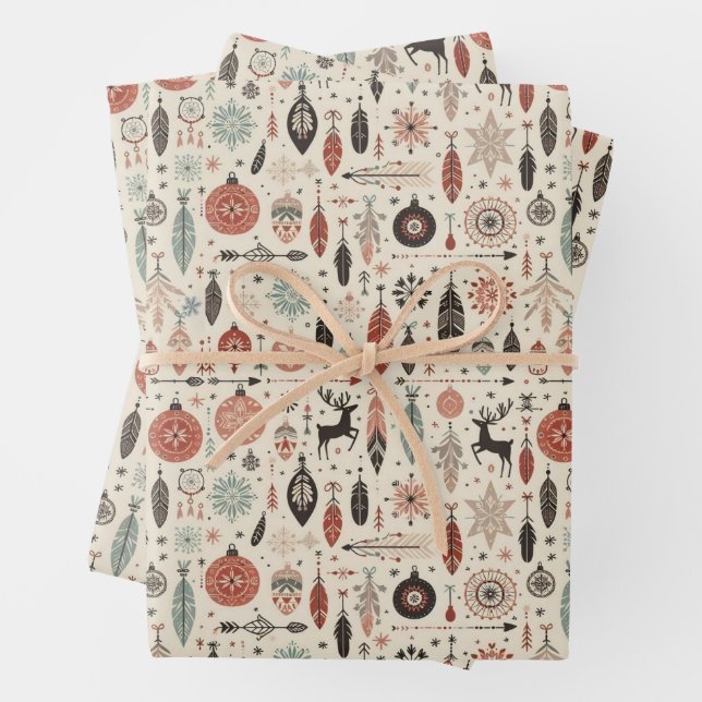 Charming Beige Christmas Feather and Reindeer Wrapping Paper Sheet (In situ)