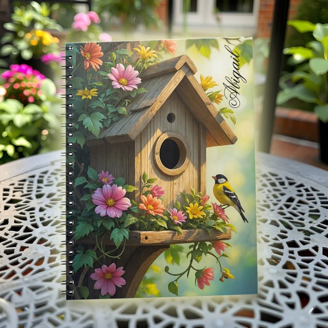 Charming Birdhouse Vibrant Summer Flower Great Tit Notebook (Charming birdhouse notebook with vibrant flowers and a sweet great tit, bathed in warm light.)