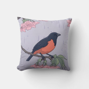 Charming Black and Red Bird on a Cherry Blossom Br Cushion