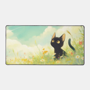Charming Black Cat Golden Eye Sunny Wildflower Desk Mat