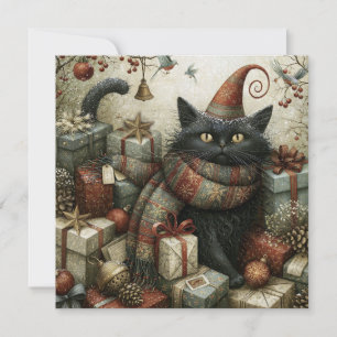 Charming Black Cat in Hat with Presents Christmas Card