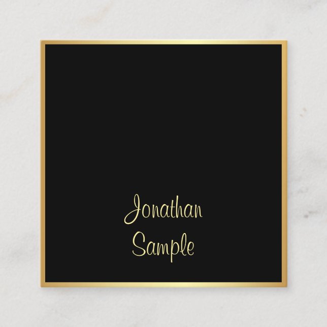 Charming Black Gold Hand Script Text Font Modern Square Business Card (Front)