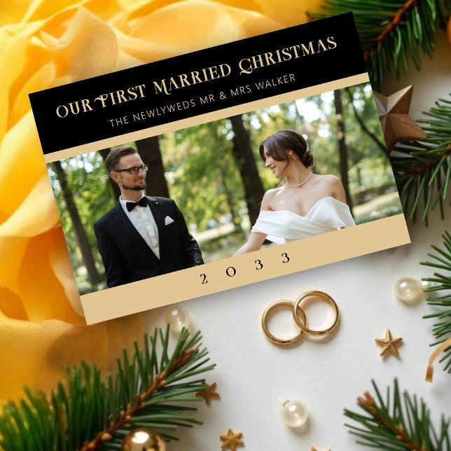 Charming Black & Gold Minimalist Newlyweds Photo Holiday Card (Charming Black & Faux Gold Effect Minimalist Newlyweds First Christmas Wedding Holidays Cards.)