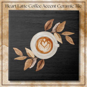 Charming Black Illustrative Heart Latte Coffee Ceramic Tile