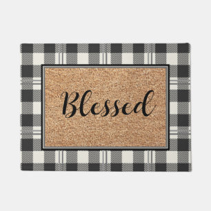 Charming Blessed Faux Coir Buffalo Plaid Design Doormat