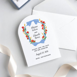 Charming Blue Bow Red Wildflowers Crest Save The Date