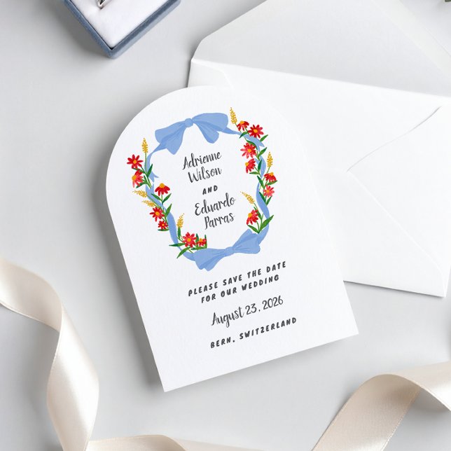 Charming Blue Bow Red Wildflowers Crest Save The Date (non-photo save the date cottage core charm with blue bows and red flowers crest)