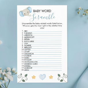 Charming Blue Elephant Baby Shower Word Scramble Flyer