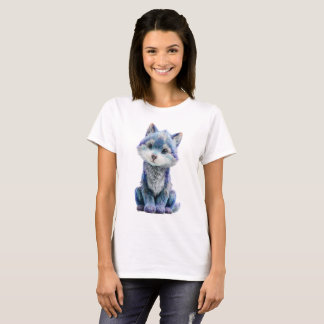 Charming Blue Galaxy Wolf Pup Illustration Women T-Shirt