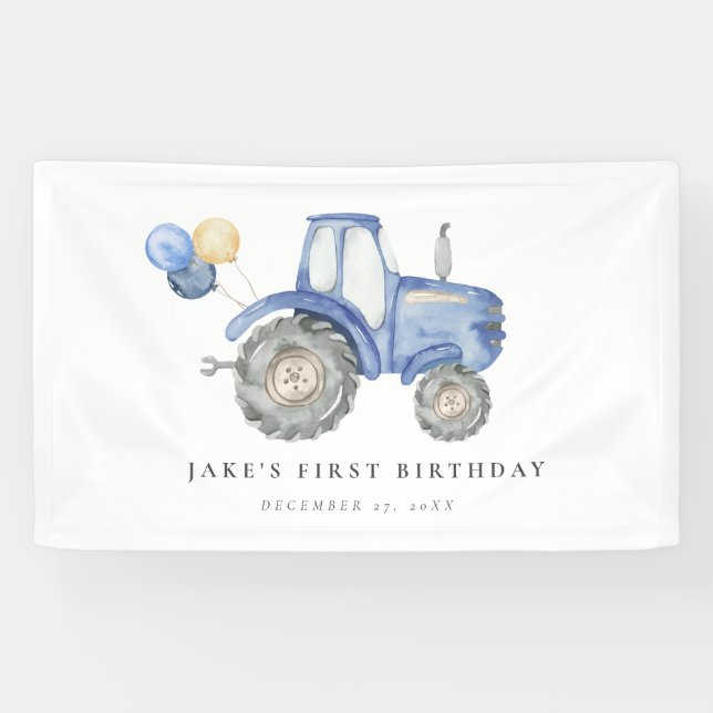 Charming Blue Tractor Birthday  Banner (Horizontal)