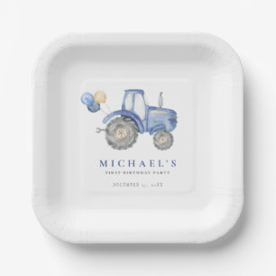 Charming Blue Tractor Birthday Paper Plate