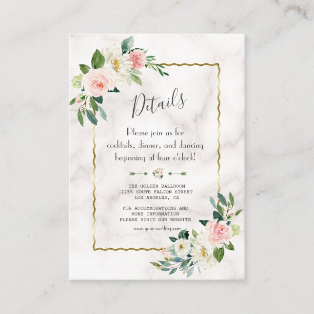 Charming Blush Floral Gold Marble Wedding Details Enclosure Card (Front)