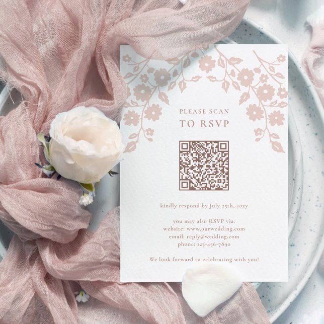 Charming Blush Folk Flowers Floral QR Code RSVP Card (Creator Uploaded)