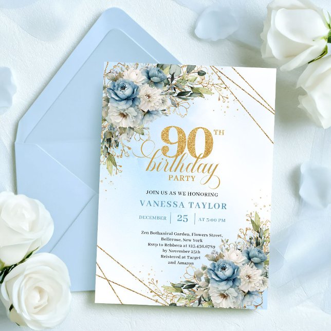 Charming Boho Blue Floral Eucalyptus 90th Birthday Invitation (Charming Boho Blue Floral Eucalyptus 90th Birthday)