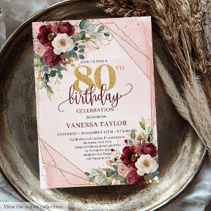 Charming Boho Dark Red Gold Roses 80th Birthday  Invitation