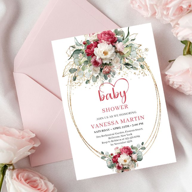 Charming Boho Ruby Red Blush Gold Baby Shower Invitation (Charming Boho Ruby Red Blush Gold Baby Shower)