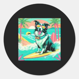 Charming Border Collie Surfing Graphic Beach Vibes Classic Round Sticker