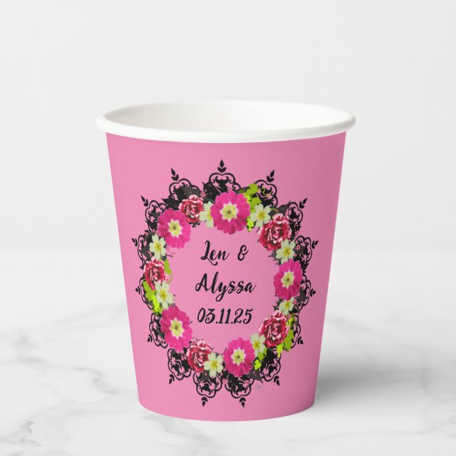 Charming Botanical Touch: Lovely Floral Wreath  Paper Cups (Front)