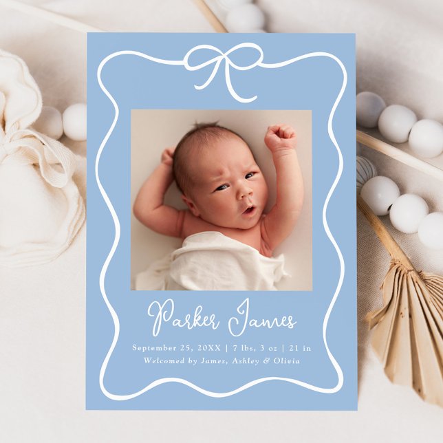 Charming Bow Blue Baby Boy Photo Birth Announcement (Creator Uploaded)