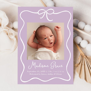 Charming Bow Lavender Baby Girl Photo Birth Announcement