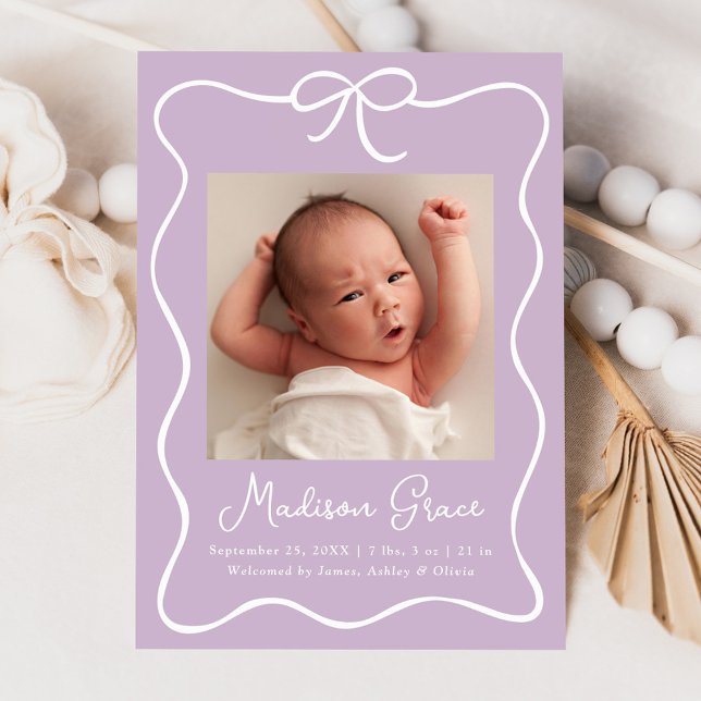Charming Bow Lavender Baby Girl Photo Birth Announcement (Creator Uploaded)
