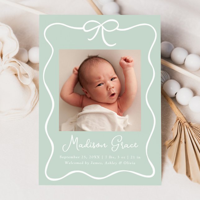Charming Bow Mint Green Photo Birth Announcement (Creator Uploaded)