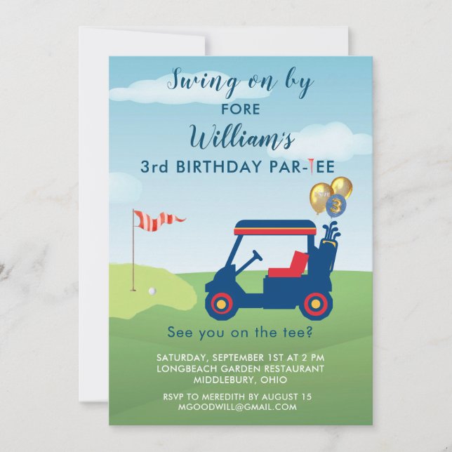 Charming Boy Golf Cart Par-tee 3rd Birthday  Invitation (Front)