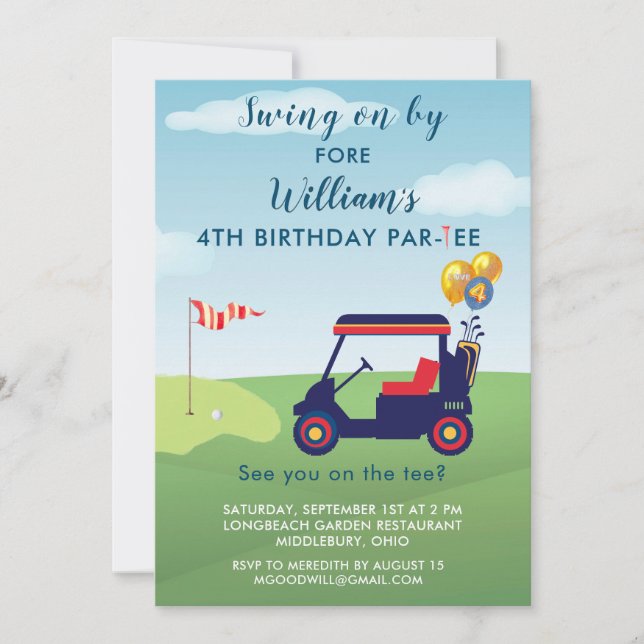 Charming Boy Golf Cart Par-tee 4th Birthday  Invitation (Front)