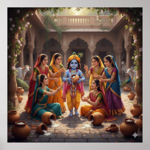 Charming Bright Bala Krishna with Gopis Poster