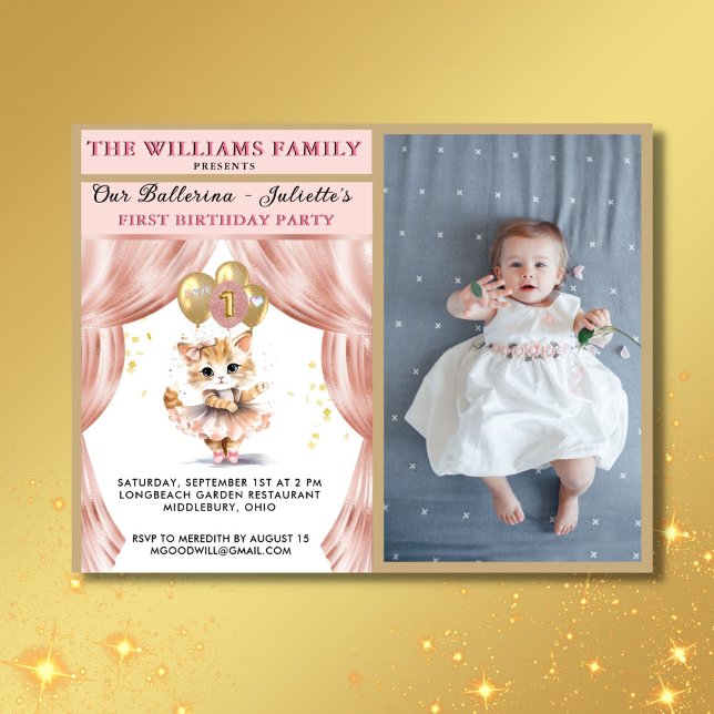 Charming  BUDGET Dancing Kitten 1st Birthday Girl Invitation (Creator Uploaded)