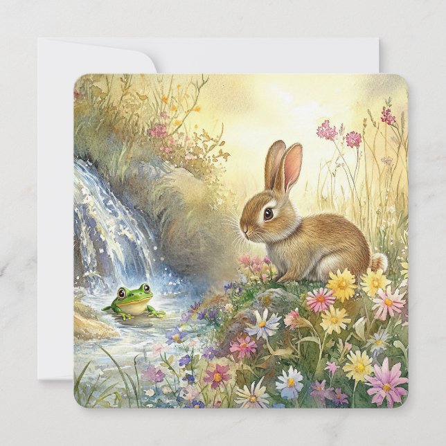 Charming Bunny & Frog Watercolour-style Square Holiday Card (Front)