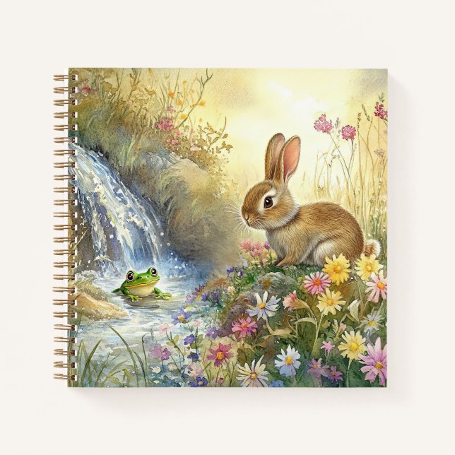 Charming Bunny & Frog Watercolour-style Square Notebook (Front)