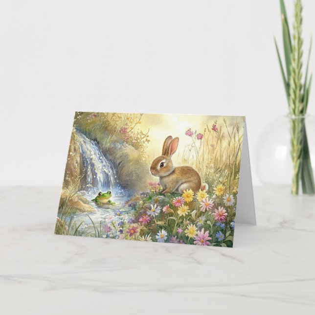 Charming Bunny & Frog Watercolour-style Thank You Card (Front)