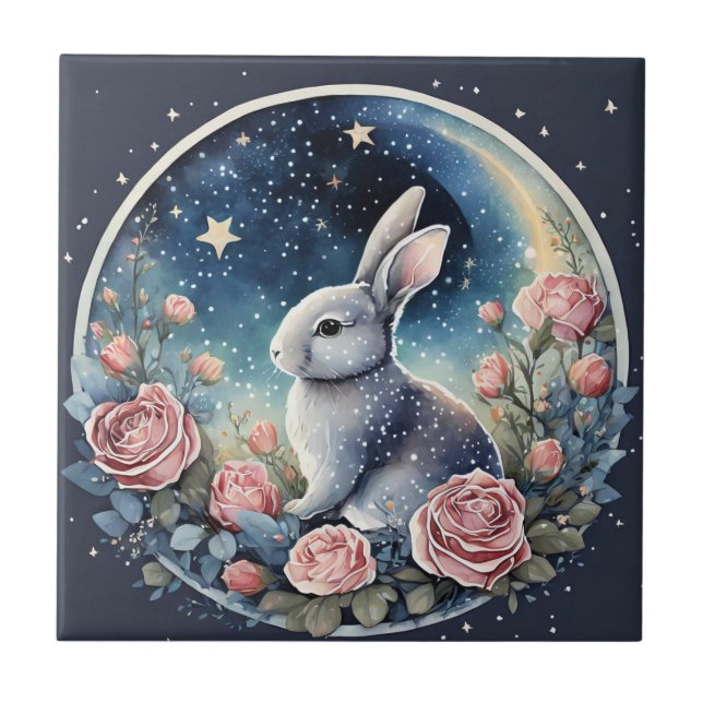 Charming Bunny in a Spring Meadow Under a Starry W Ceramic Tile (Front)
