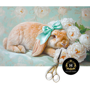 Charming Bunny with Mint Bow & Peonies Decoupage  Tissue Paper