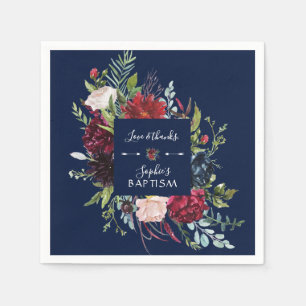 Charming Burgundy Blue Floral Wreath Girl Baptism Napkin