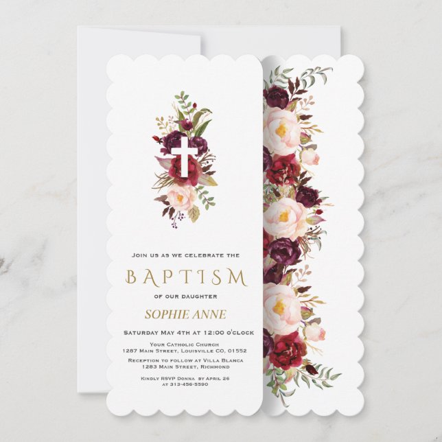 Charming Burgundy Blush Flowers Gold Baptism Invitation (Front)